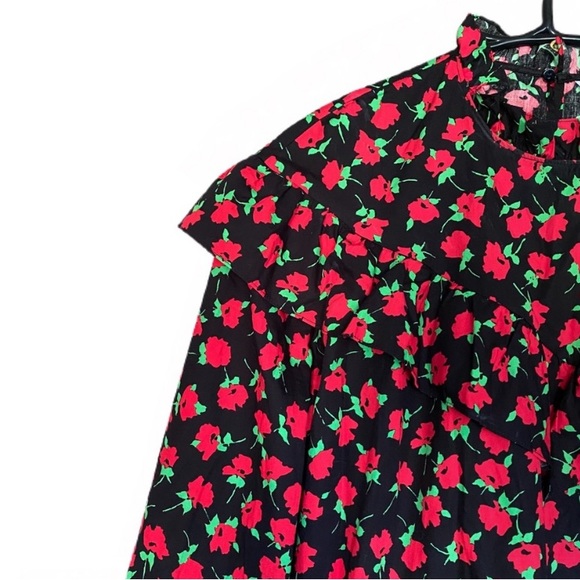 Zara poplin floral ruffle dress xsmall nwt black red - Picture 9 of 10